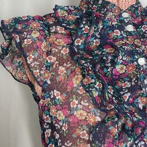Sheer Floral Ruffle Button Up W/ Cinched Waist